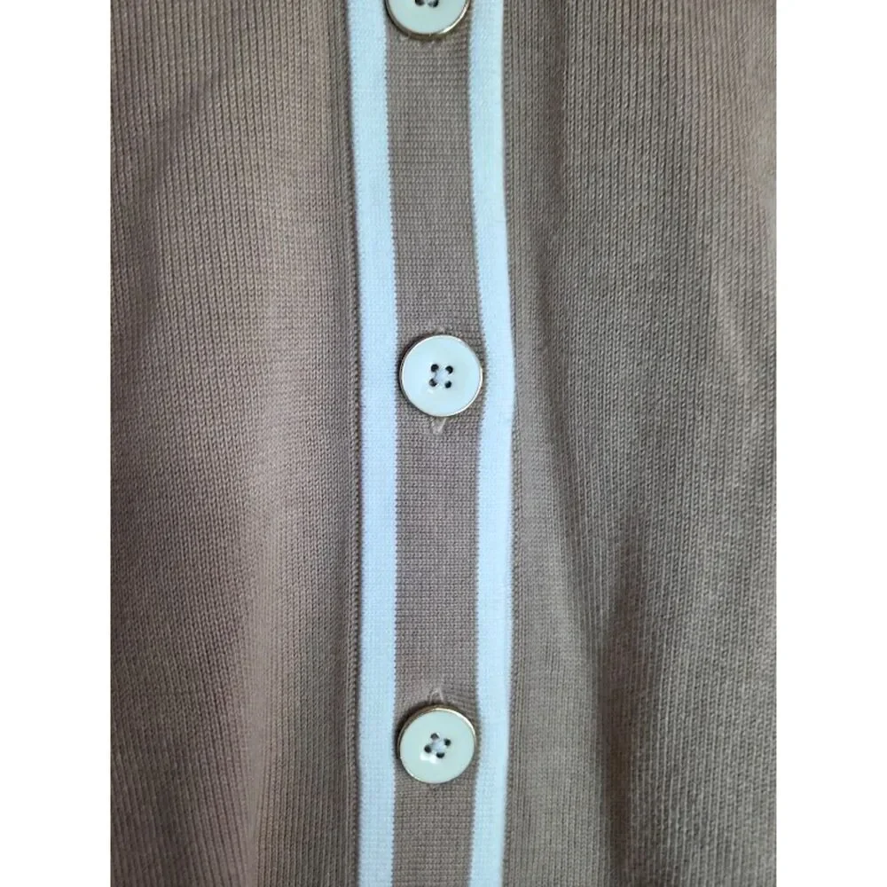 Talbots Dark Beige w/White Trim Cotton Button Front Neutral Cardigan size Large